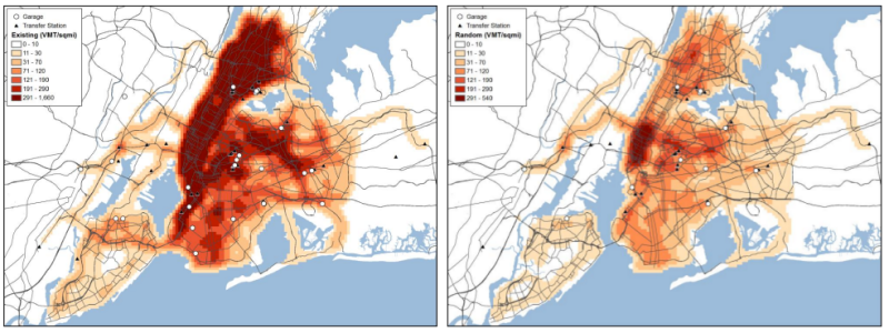 The density of private waste collection routes today (left), and in a hypothetical zoned system (right). Image: DSNY