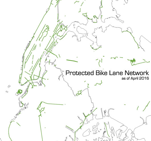 DOT added eighteen miles of protected lanes to this map in 2016, but NYC will never have cohesive citywide network of safe bike routes without protected bike lanes on major streets like Brooklyn's Fourth Avenue. Map: Jon Orcutt