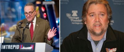 Imagine all the Trump signs marking projects that get tax breaks from the infrastructure plan Steve Bannon is pushing for. Schumer photo: NASA/Bill Ingalls/Wikimedia Commons; Bannon photo: Don Irvine/Wikimedia Commons