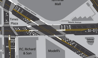 DOT presented this safety plan for Times Plaza in August. Advocates want to ensure it doesn't gather dust. Image: DOT
