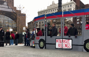 Protestors gathered in Cleveland's Public Square to demand the return of bus routes to Superior Avenue.