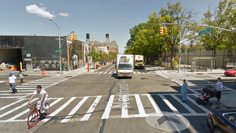 Nostrand Avenue at Myrtle Avenue, where a driver killed a 54-year-old pedestrian last night. Image: Google Maps