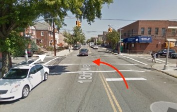 A motorist fatally struck Antonietta Orlando at 15th Avenue and 76th Street in Brooklyn. The white arrow indicates the approximate path of the victim and red arrow indicates the approximate path of the driver, according to NYPD. No charges were filed. Image: Google Maps