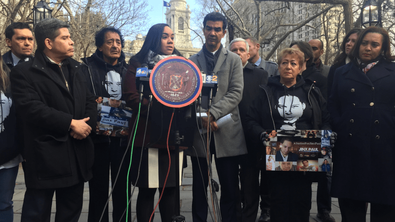 The parents of hit-and-run victim DJ Jinx Paul joined elected officials outside City Hall this morning. Photo: David Meyer