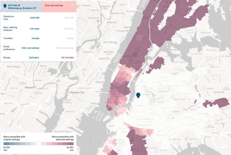 If you live in Greenpoint (the blue pin), the darkest red areas of this map would take at least 25 minutes longer to reach via transit without the L train. Image: Sidewalk Labs