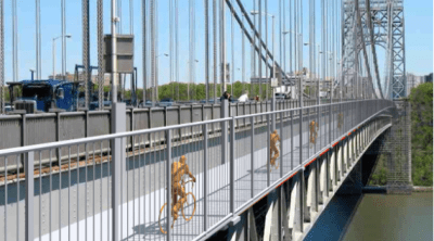 A proposal from former New York Cycle Club president Neile Weissman would put 10-foot bike paths below existing paths on the GWB, which would be reserved for pedestrians. Image: Neile Weissman/Joseph Lertola