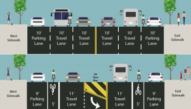 DOT plans to give Amsterdam Avenue a road diet from Morningside Heights to Washington Heights, but won't extend the protected bikeway from 110th Street. Images: DOT