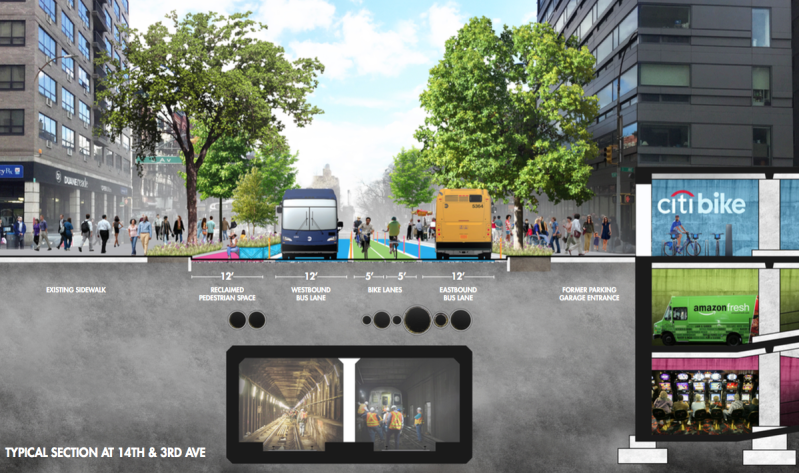 The winner of the "L-ternative" competition proposes bus lanes, a two-way protected bike lane, and wider sidewalk zones for 14th Street. Image: Cricket Day/Chris Robbins/Becca Groban/Kellen Parker