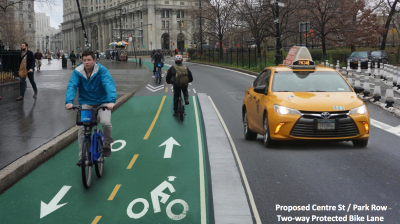 Goodbye, illegally parked police cars and press vans on Park Row. Hello protected bikeway. Image: DOT