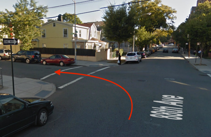 The police account suggests that Khazir Ahmed had the right of way walking across 168th Place when he was struck and killed by a left-turning motorist (path marked by red arrow). Image: Google Maps