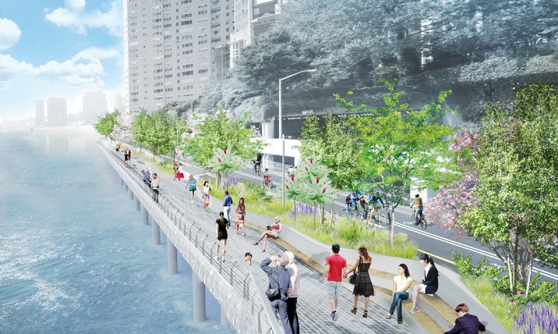 The greenway segment between 53rd and 61st Streets would be built on pylons over the East River. Image: NYC Mayor's Office