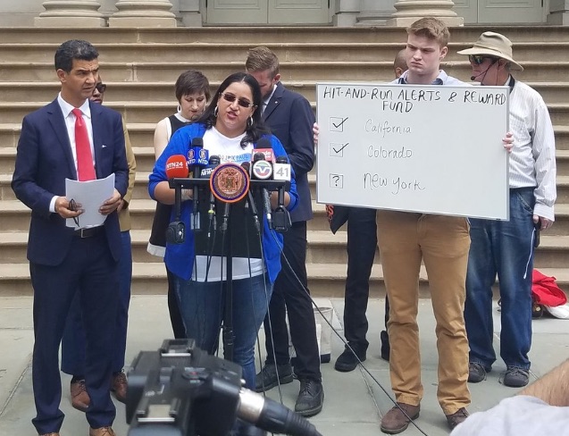 Family members of Jean Paul Guerrero, killed by a hit-and-run driver in 2016, with Council Member Ydanis Rodriguez outside City Hall before today’s hearing. Photo: @ydanis