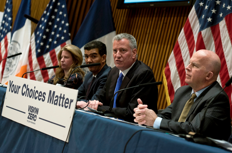 Mayor Bill de Blasio and former Police Commissioner James O'Neill announcing Vision Zero enforcement efforts in 2017. Photo: Ed Reed/Mayoral Photography Office