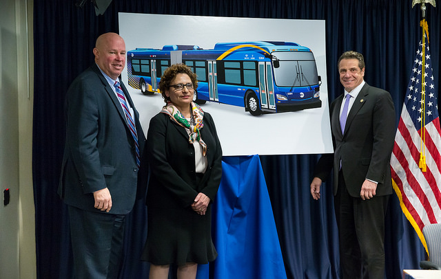 New buses are nice, but without improvements like all-door boarding and transit signal priority, they don't make service faster or more reliable. Photo: Flickr/NY Governor's Office