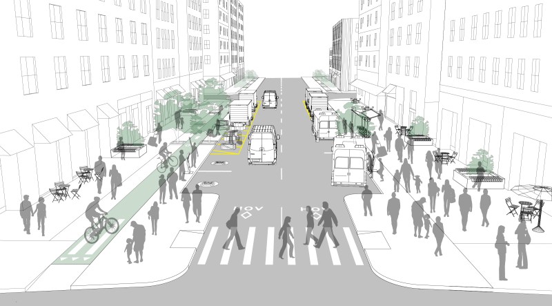 On a Manhattan avenue where transit and high-occupancy vehicles take precedence and the curb is reserved for deliveries, large amounts of street space can be claimed for walking and biking. Image: Street Plans Collaborative