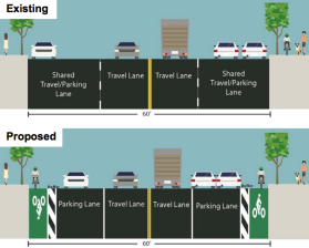 DOT's new proposal for protected lanes anticipates -- and enables -- double parking on Dyckman Street. Image: DOT