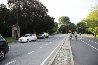 DOT crews at Prospect Park last week informing drivers of the 24/7 car-free schedule this summer. Photo: Flickr/DOT