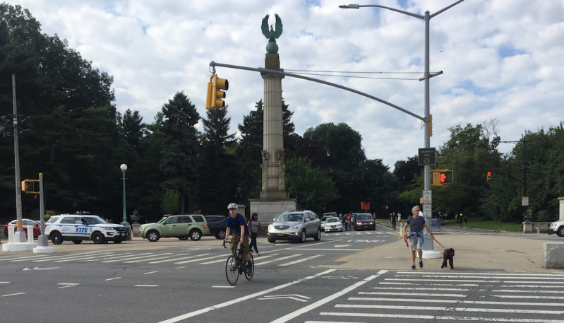 Car traffic exiting Prospect Park's East Drive at Grand Army Plaza this morning. Photo: David Meyer