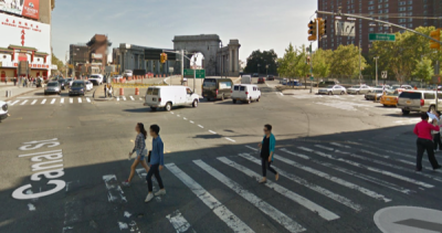 Canal Street at Bowery, where a yellow cab driver killed cyclist Edouard Menuau. Photo: Google Maps