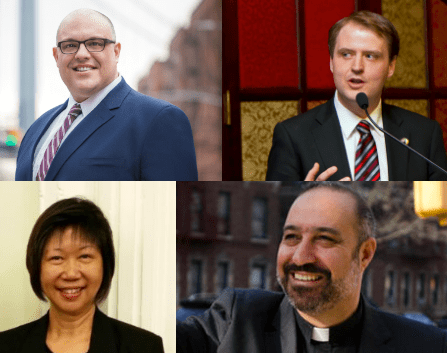 City Council District 43 candidates, clockwise from top left, Justin Brannan, Kevin Peter Carroll, Khader El-Yateem, and Nancy Tong.