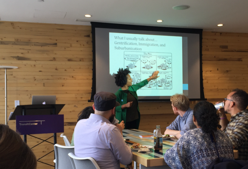 Professor Christina Greer speaking at TransitCenter. Photo: David Meyer
