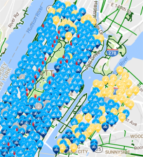 Blue pins are active stations, and yellow pins mark planned expansion stations that have yet to go live. Map: Citi Bike