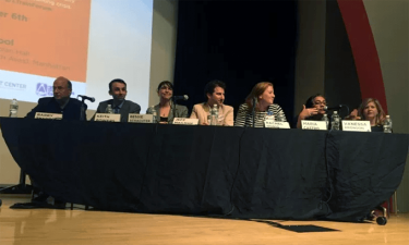Candidates for City Council District 4 at last week's TransAlt-hosted L train forum. From left: Barry Shapiro, Keith Power, Bessie Schacter, Jeff Mailman, Rachel Honig, Maria Castro, and Vanessa Aronson. Photo: David Meyer