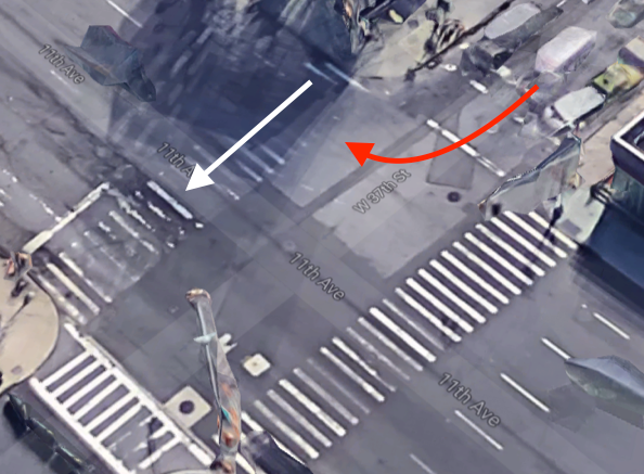 Carlos Torres struck and killed Elise Lachowyn on 11th Avenue at W. 37th Street in Manhattan. The white arrow indicates the approximate path of the victim and the red arrow the approximate path of the driver. Photo: Google Maps