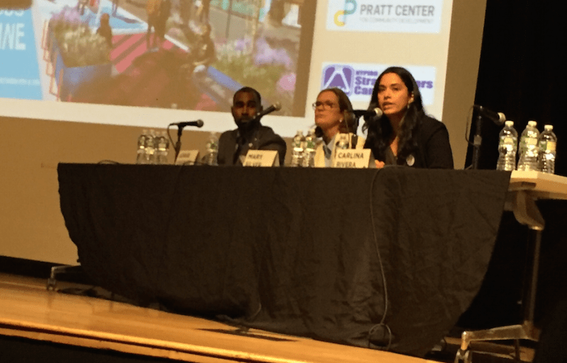 City Council District 2 candidates Jorge Vasquez, Mary Silver, and Carlina Rivera at Transportation Alternatives' candidate forum on the L train shutdown.