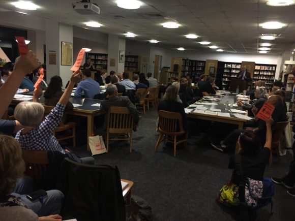 Supporters of protected bike lane on Fifth Avenue packed the room last night. Photo: David Meyer