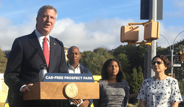 Mayor de Blasio speaking at Grand Army Plaza this morning. Photo: David Meyer
