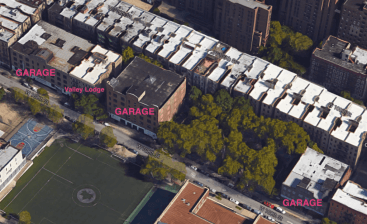 An affordable housing developer wants to expand the Valley Lodge transitional homeless shelter and build new apartments on the sites of three parking garages between Amsterdam Avenue and Columbus Avenue on W. 108th Street. Photo: Google Maps