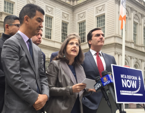 Council Member Helen Rosenthal speaking this morning alongside Council Member Ydanis Rodriguez and State Senator Michael Gianaris. Photo: David Meyer