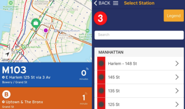 Subway arrival data displayed on an app produced by Transit, a Montreal-based start-up, and the MTA's Subway Time app.