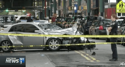 Scene of the hit-and-run crash that killed two friends in 2016 in Cypress Hills, Brooklyn. The driver was apprehended and charged. Video still: NY1