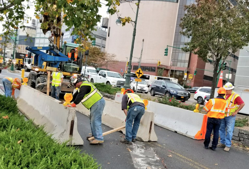 State DOT contractors placed jersey barriers on the Hudson River Greenway in 2017 to prevent cars from mowing down cyclists — but only now the state is going to improve the unprotected intersections. Photo copyright Shmuli Evers, used with permission.