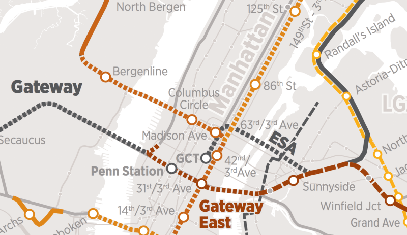 RPA's Fourth Regional Plan calls for a total of eight regional rail tracks under the East River (adding two to the four existing tunnels, plus the two East Side Access tracks under construction), but comparable service could be provided with six tracks if LIRR shares its infrastructure. Map: RPA