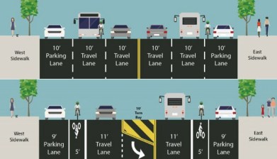 The plan calls for a road diet on about 50 blocks of Amsterdam Avenue in Upper Manhattan. Image: DOT
