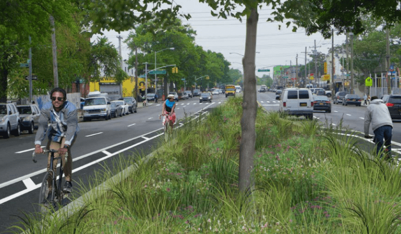 The DOT plan calls for raised center-running bike lanes along the median of Atlantic Avenue. Image: DOT
