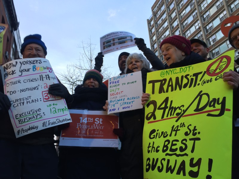 Members of Riders Alliance and Transportation Alternatives outside last night's L train shutdown open house. Photo: David Meyer