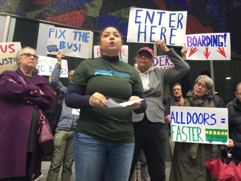 Riders Alliance members called on the MTA to commit to citywide all-door boarding in its forthcoming "bus action plan." Photo: David Meyer