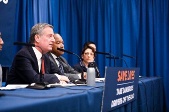 Mayor de Blasio speaking today at the 78th Precinct. Photo: Benjamin Kanter/Mayoral Photo Office