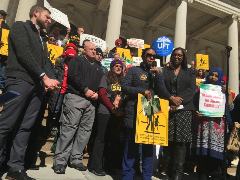 Denyze Gary and members of Families for Safe Streets outside City Hall this afternoon. Photo: David Meyer