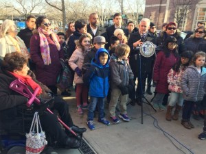 Council Member Jimmy Van Bramer in January alongside P.S. 11 students, parents, and teachers. Photo: David Meyer