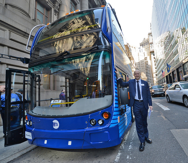 NYCT President Andy Byford with one of the double-decker buses the MTA will test out on express routes. Photo: Marc A. Hermann/NYCT