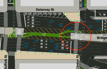 DOT’s planned redesign of the Willy-B approach still has westbound cyclists swerving around a concrete barrier, rather than going straight through it. That’s a problem. Image: NYC DOT