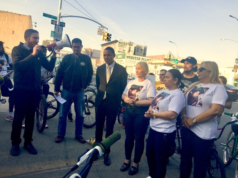 Left to right: TransAlt Executive Director Paul Steely White, Families for Safe Streets' Hank Miller, and Council Member Ritchie Torres with the family of Carlos Vasquez. Photo: David Meyer