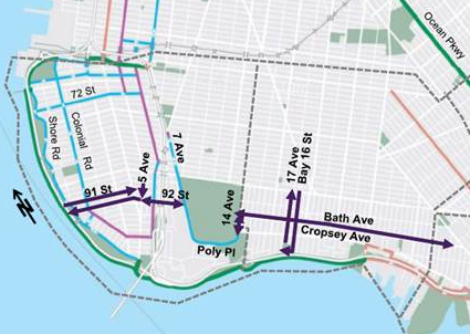 The bulk of DOT's plan for east-west bike connections in southern Brooklyn consists of sharrows on Bath Avenue. Image: DOT