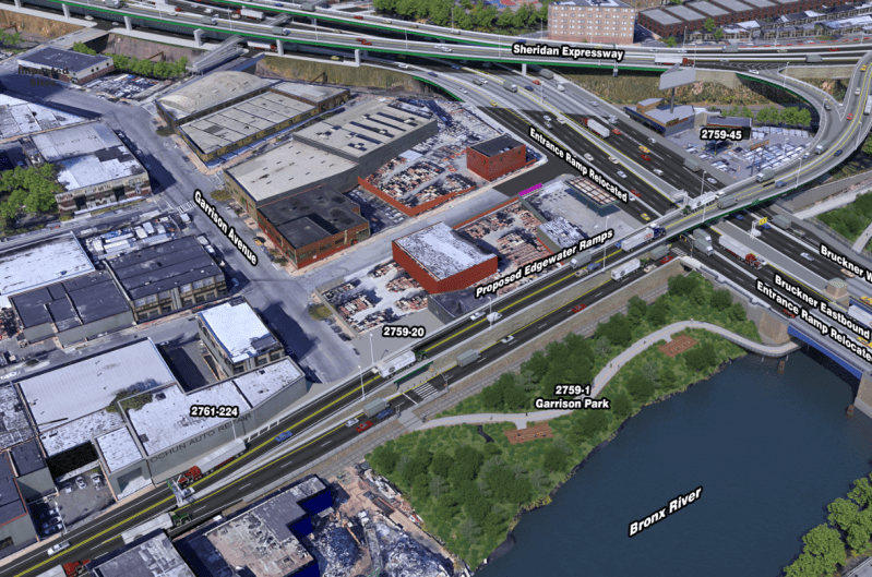 The state DOT plan calls for highway ramps on Edgewater Road abutting the Bronx River and flying over part of Concrete Plant Park.