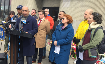 Hilda Cohen, far right, at a press conference for Albany legislation to encourage safer driving. Photo: David Meyer